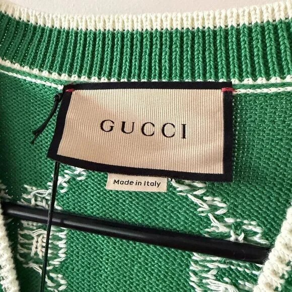 NWT Gucci Logo Intarsia Monogrammed Cardigan Sz M Green GG - Picture 4 of 8